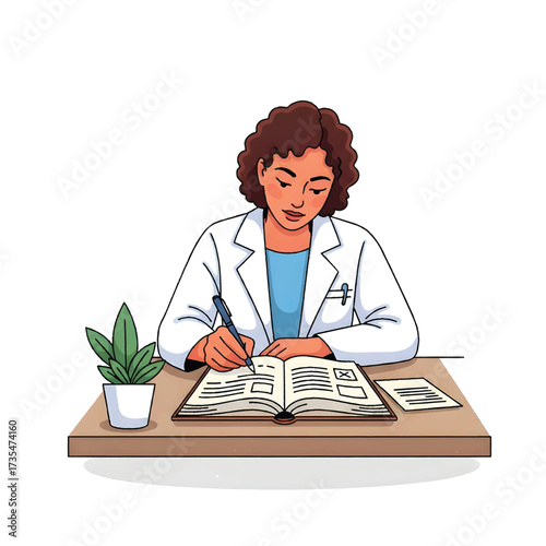 Female Doctor Writing Notes in Medical Journal Vector Illustration