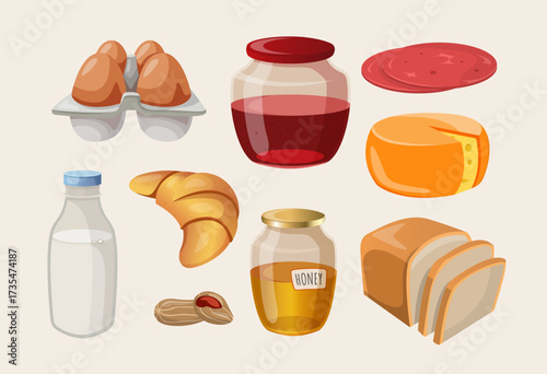 Food products vector pack. Milk, bread, cheese, jam, honey, peanut, egg, ham illustration