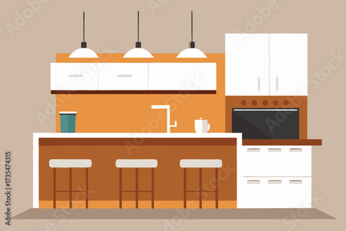 Modern flat design kitchen interior with island bar stools and hanging lamps