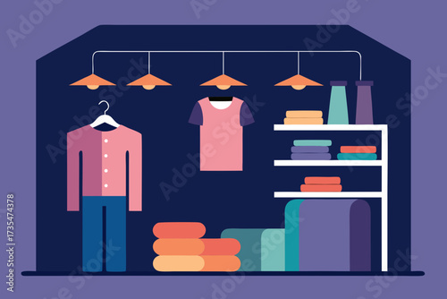 Flat design illustration of a clothing store display with clothes on hangers and shelves