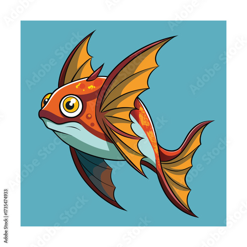 Cartoon Flying Fish with Red and Orange Body and Yellow Eyes