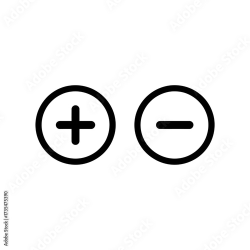 Plus and minus icons in black and white for math, battery, and electronic symbols usage design