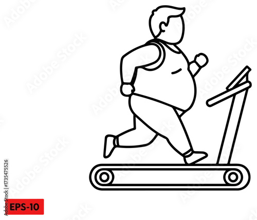 Overweight person running on treadmill, outline illustration