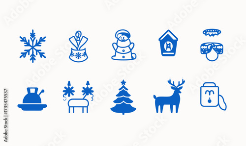 Set of blue minimalist Christmas and winter holiday icons including snowflake, angel, snowman, birdhouse, mitten, kettle, reindeer, Christmas tree, and fireplace tools on light background