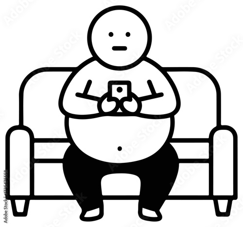 Overweight person sitting on sofa using smartphone, black and white