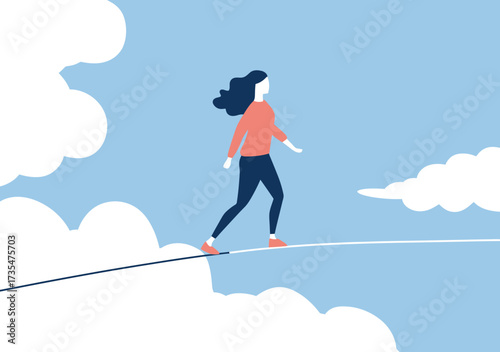 Woman walking on tightrope balanced between clouds in clear sky concept of overcoming fear anxiety or mental balance in flat minimalist vector style