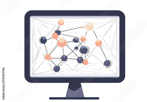 Flat minimalist computer monitor displaying abstract molecular structure with connected spheres and lines in digital science visualization vector illustration