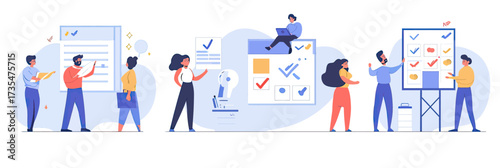 Team collaboration scheduling planning with diverse people managing to do lists prioritizing tasks using checklists and charts in flat vector style