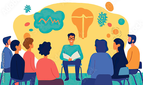Group therapy session with diverse people and coach discussing mental health concepts and ideas in flat minimalist style vector illustration