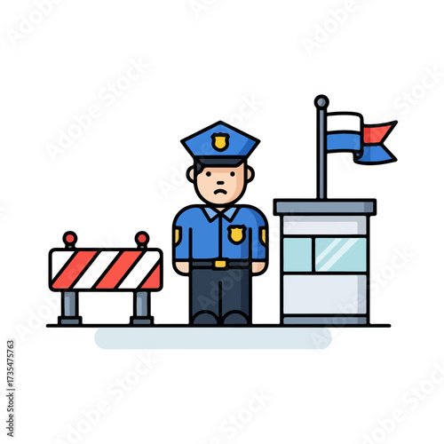 Police officer standing at border control with flag and barrier