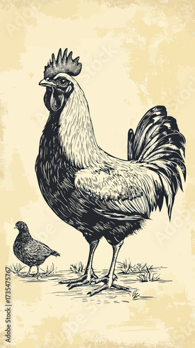 Detailed vintage style black and white etching of rooster and hen standing on grass with textured aged background rustic farm poultry birds illustration