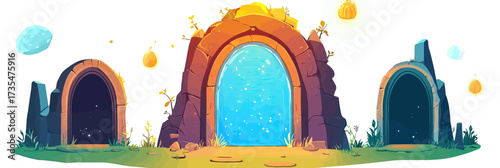 Fantasy magic portal glowing blue light stone archway mysterious doorway fairy tale travel passage enchanted landscape grass glowing orbs vector illustration flat design