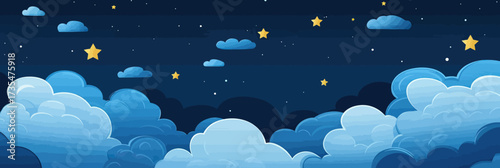 Night sky with fluffy clouds and shining stars vector illustration in flat minimalist style for peaceful nighttime design background and dreamy atmosphere concept