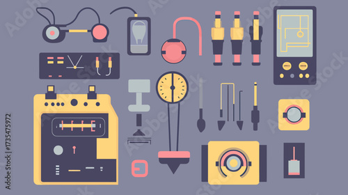 Flat minimalist vector illustration of vintage electrical and measurement instruments with meters, gauges, switches, and circuit elements in muted colors
