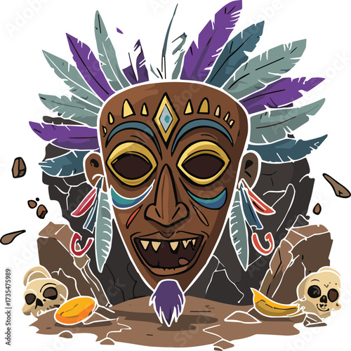 Colorful tribal mask illustration with feathers, skulls, rocks, ancient design, voodoo magic, ritual artwork, cultural fantasy, spooky decoration, horror