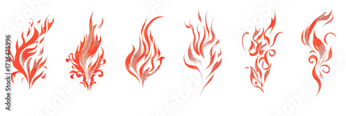 Set of seven stylized red orange flames and fire shapes silhouettes with artistic swirling elements isolated on white background vector illustration