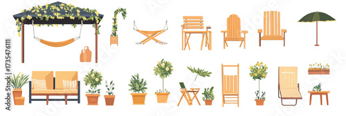 Wooden garden furniture set including hammock swing gazebo umbrella sofa table chairs potted plants and lounge seating outdoor patio backyard elements vector illustration