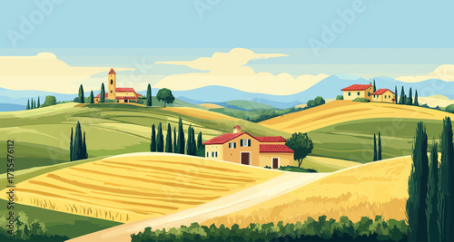Tuscany Italy rural landscape with rolling green hills golden fields small houses cypress trees and distant mountains under blue sky vector illustration