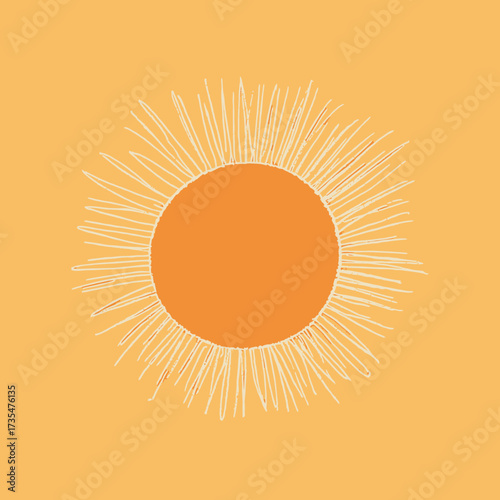 Hand drawn orange sun with white radiating rays sketch on warm yellow background minimalist doodle vector illustration bright sunny design concept