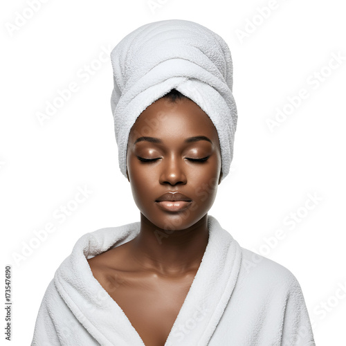 Relaxed Black Woman Wearing a White Towel and Robe with Eyes Closed