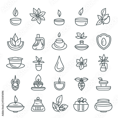 Set of minimalist line art icons representing essential oils, aromatic candles, herbal leaves, natural wellness products, spa and Ayurvedic therapy symbols in outline style vector collection