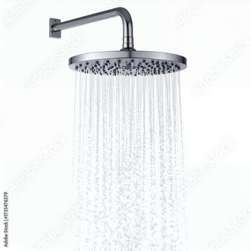 Contemporary overhead shower dispensing water, set against a simple white background