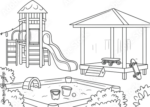 Playground with slide sandbox and shelter with skateboards playhouse