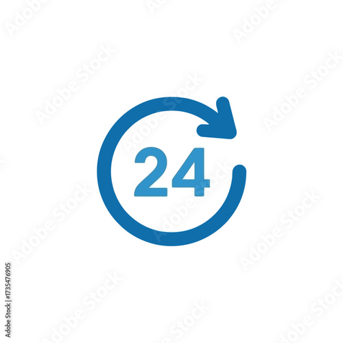 Twenty four hours service icon with blue arrow and number for round the clock availability