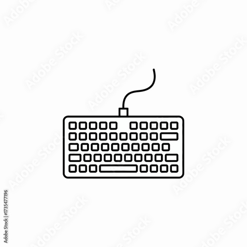 Simple black outline illustration of a classic computer keyboard with cable connector design