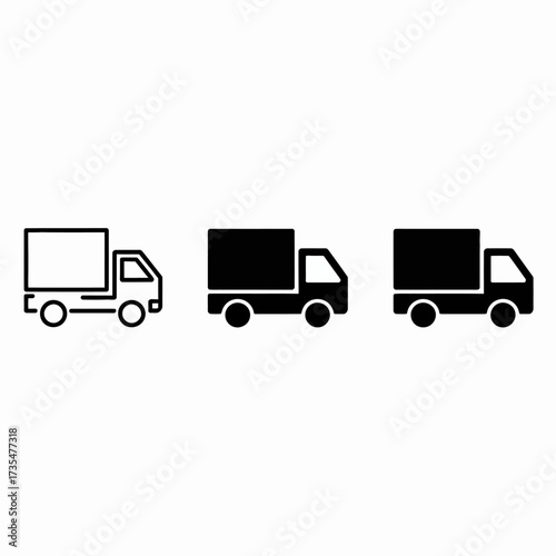 Transport truck icons showing delivery vehicles in black and white for shipping and logistics use