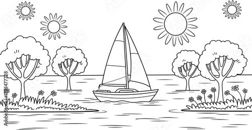 Simple Cartoon Sailboat on Water with Sun and Trees Keywords: sailboat, sailing, boat, water