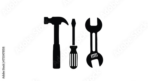Tools of the Trade Hammer, Screwdriver, and Wrench Icons for Construction and Repair