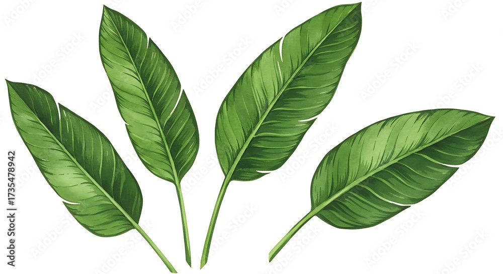 Fototapeta premium Vibrant green tropical leaves on white background botanical illustration