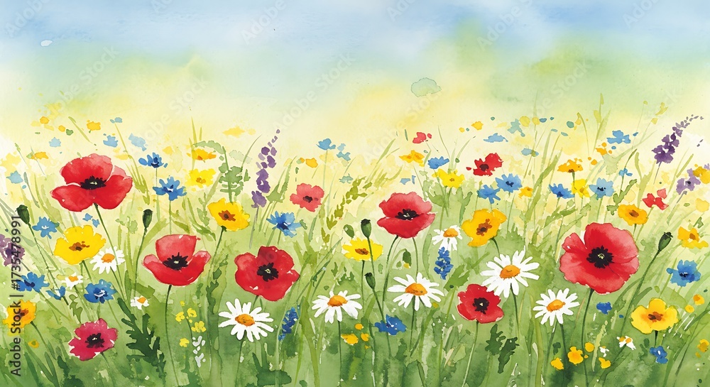 Obraz premium Watercolor painting of colorful wildflowers in a sunny meadow against a bright sky