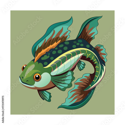 Green spotted fish with elaborate fins on muted green background