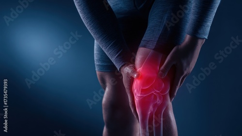 Close-up of a man holding his painful knee with highlighted red joint, illustrating injury, arthritis, or sports strain against a dark background.