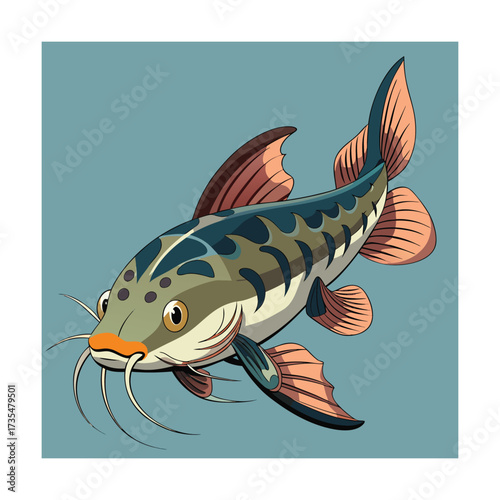 Illustrated catfish with orange mouth and blue background Keywords: catfish, fish, illustration