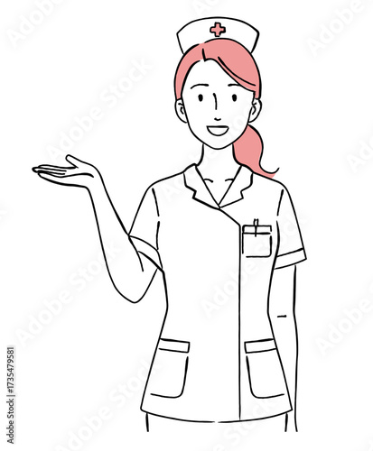 手のひらを向けて案内する女性看護師の線画イラスト,説明,提案,笑顔