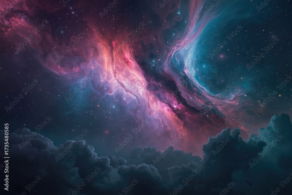 Fototapeta premium A nebula with pink and blue hues with stars and clouds in the foreground in a dark space setting