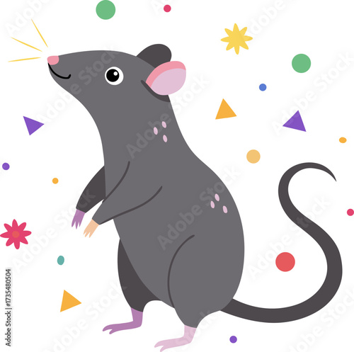 A cute gray cartoon rat stands happily amidst colorful confetti and geometric shapes on a white background.