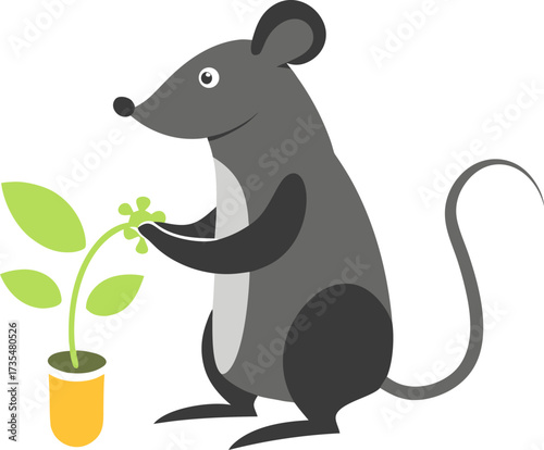 A charming illustration of a gray mouse carefully holding a small green plant in a pot.