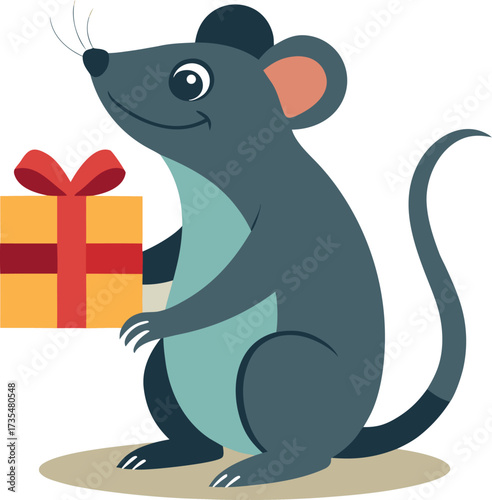 A charming gray cartoon mouse stands happily while holding a yellow gift box tied with a red ribbon.