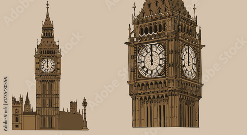 Big Ben Illustrations Iconic London Landmark Clock Tower Designs, Vector Art on Beige Background