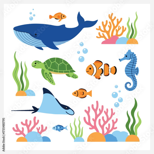 Under the sea illustration of sea creatures and coral reefs, a vibrant underwater scene
