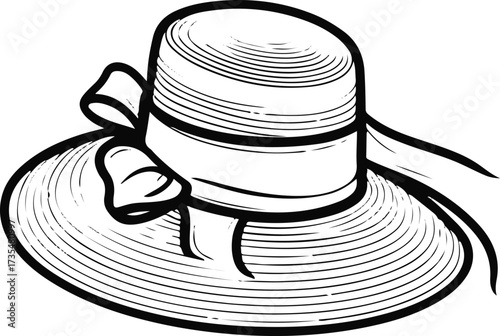 Minimalist smooth line art of a wide-brim hat with ribbon