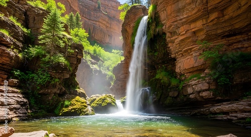 Majestic Waterfall Cascading into a Serene Turquoise Pool in a Canyon.