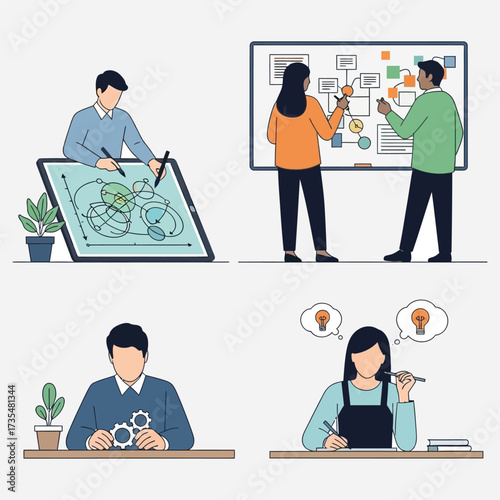 Diverse business professionals actively engaged in problem-solving, strategic planning, and collaborative brainstorming sessions, fostering innovation and developing new ideas for project success