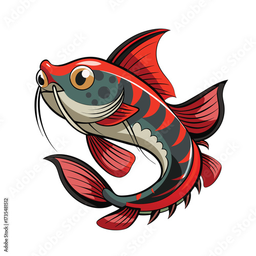 Red and Grey Fish Illustration with Dark Spots on White Background