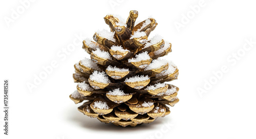 Macro of Golden Pinecone with Snow on White Background
