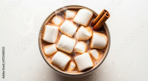 Macro of Hot Cocoa with Marshmallows and Cinnamon Stick